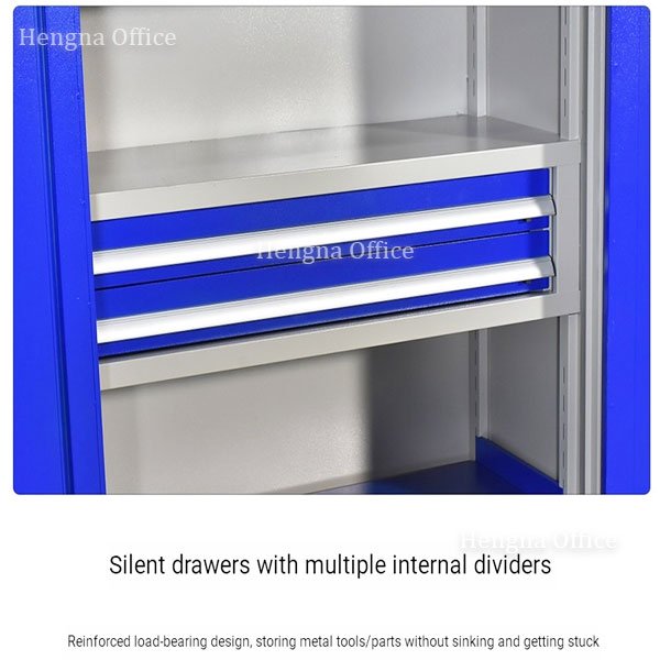 Heavy-duty tool cabinet featuring silent ball-bearing drawers with adjustable internal dividers and reinforced load-bearing shelf design