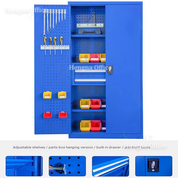 Industrial tool cabinet with pegboard door panel, color-coded parts bins, adjustable shelves, and built-in drawer for organized workshop tool management