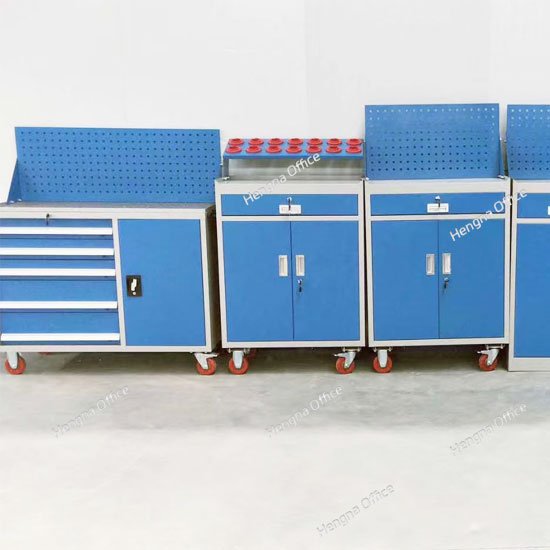 Rolling metal tool cart with lockable drawers and flexible shelving