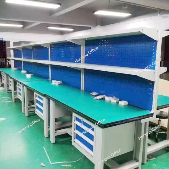 workshop table with pegboard and drawer storage