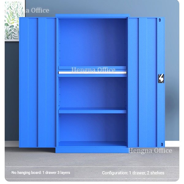 Lockable metal garage tool organizer with 2 doors, grid wall, and industrial blue finish