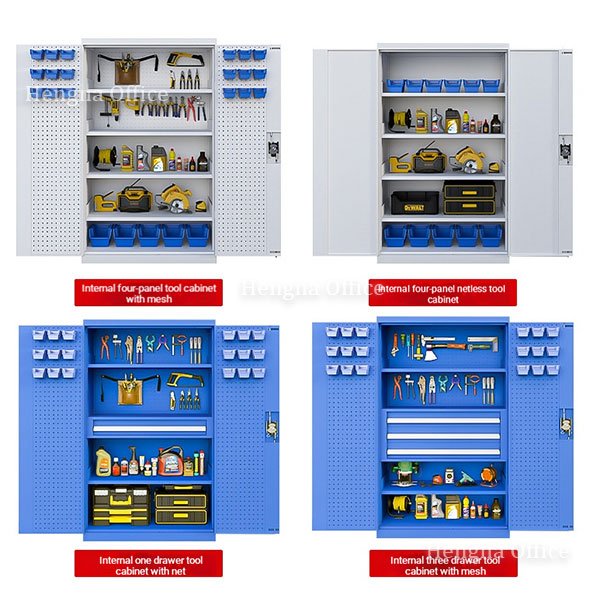 Multiple heavy-duty tool cabinets arranged in factory workshop for lean tool management
