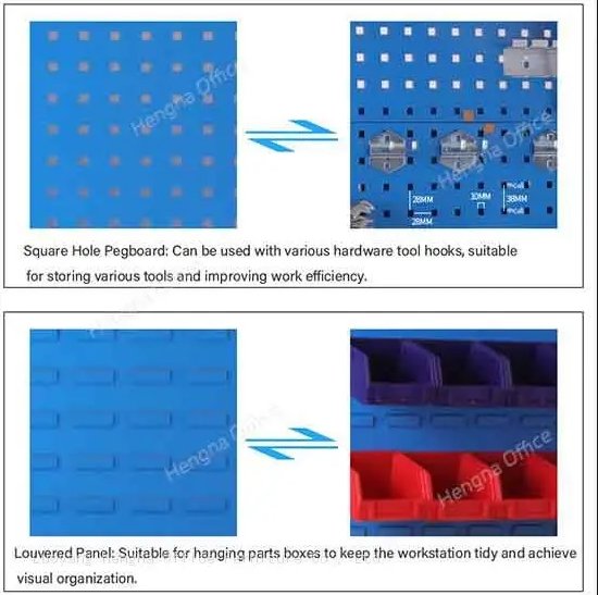 HN-B2GJ cabinet components – pegboard, adjustable shelf, ball bearing drawer, and steel hinge