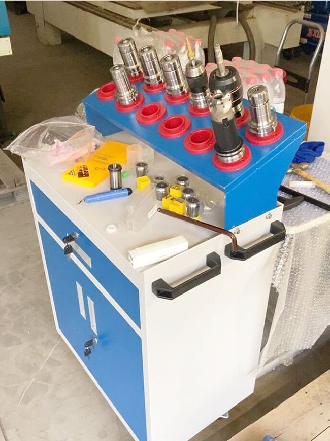 BT30 CNC tooling cart, blue steel cabinet with red ABS trays