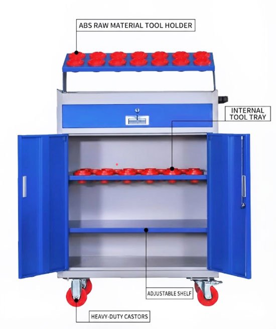 BT30 tool holder cart with red ABS anti-slip trays, front view