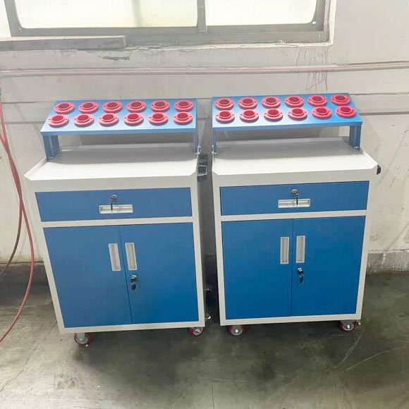 Small CNC shop tool holder storage cart with red ABS trays