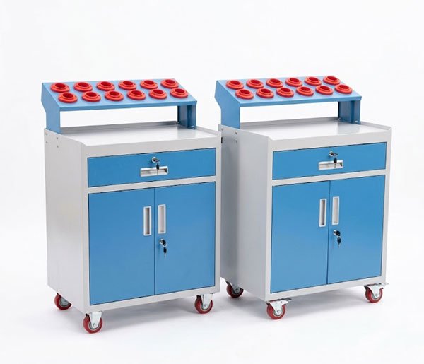 Red ABS wavy groove tool holder tray, close-up