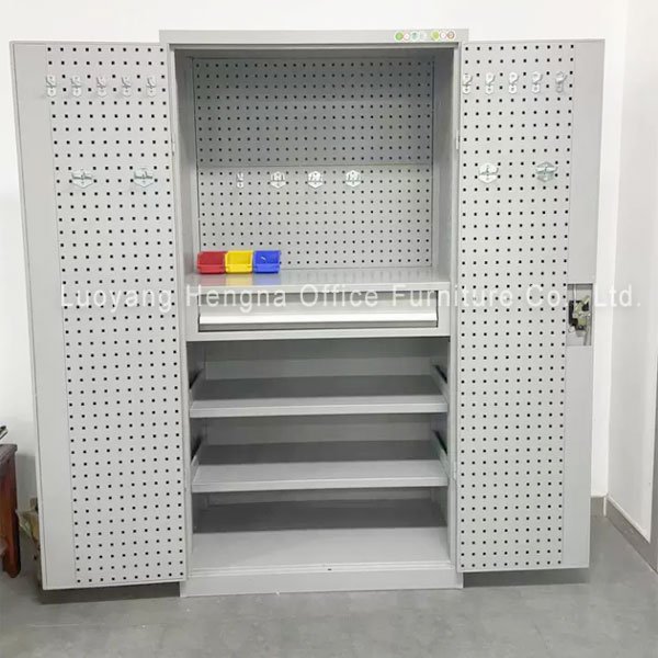 Color-coded plastic parts bins hung on tool cabinet door panel for small parts organization