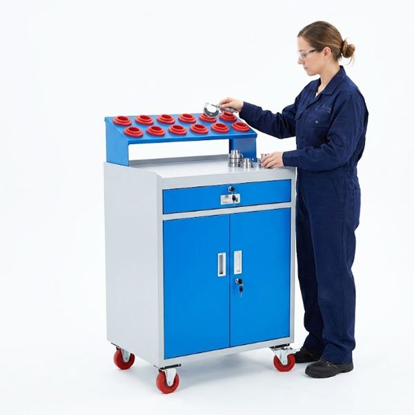 Rolling tool holder cart with open ABS tray and locking drawers, job shop setup