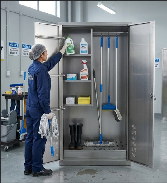 304 stainless steel cleaning supply cabinet installed in hospital janitor room