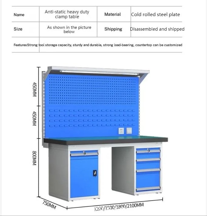 modular steel workbench with double pegboards and four drawers, gray-blue industrial finish