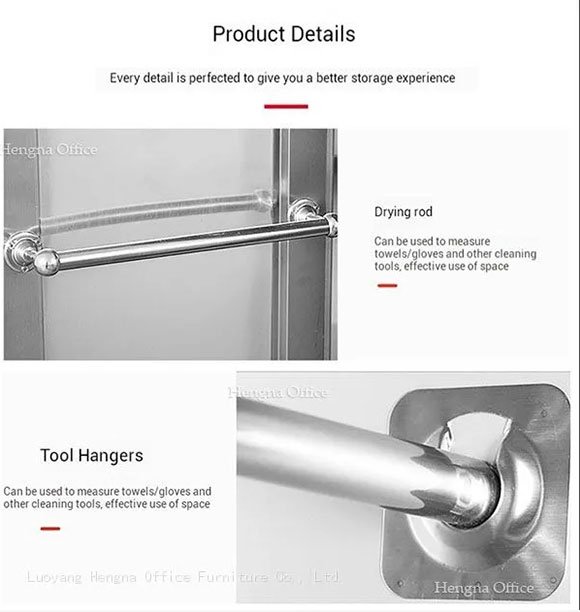 Side tool hooks and stainless steel drying rod for mops and towels