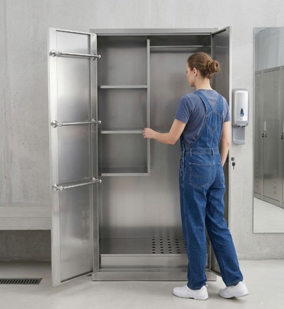 Stainless steel lockable janitor cabinet installed in hotel housekeeping closet