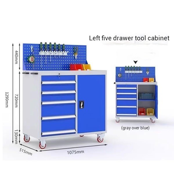 Five-drawer mobile tool cabinet with pegboard — blue and grey powder coated steel, 1075mm wide, swivel casters with red wheels for the shop floor