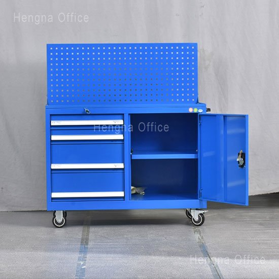 Mobile Tool Cabinet for Workshop Floor — Why Your Best Mechanic Loses 20 Minutes a Day 3 Five-drawer mobile tool cabinet with pegboard and lockable cabinet door, blue powder coated steel, swivel casters with brakes