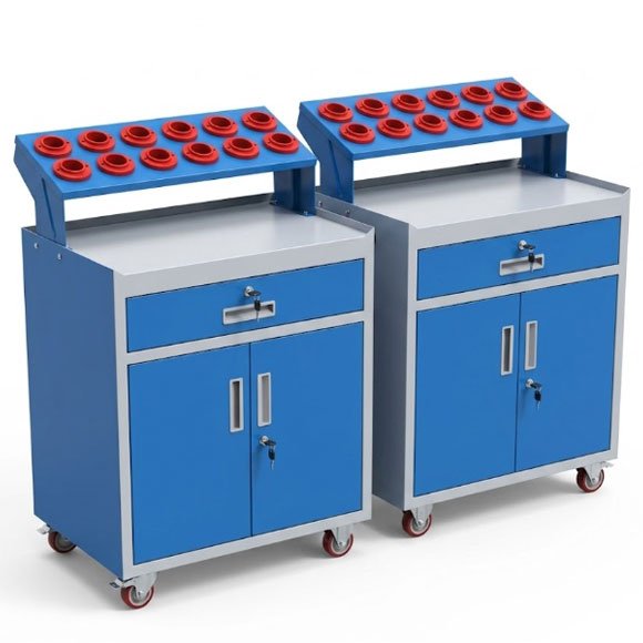 Mobile Tool Cabinet for Workshop Floor — Why Your Best Mechanic Loses 20 Minutes a Day 2 Two BT30 CNC tooling carts side by side, blue cabinets with white worktops and red ABS tool holder inserts on top, swivel casters for machine shop mobility