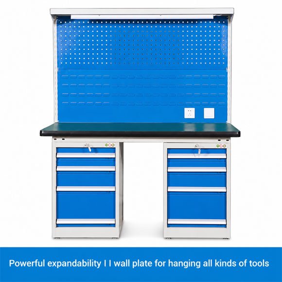 Heavy-duty steel workbench with blue pegboard back panel and dual drawer cabinets for workshop tool storage