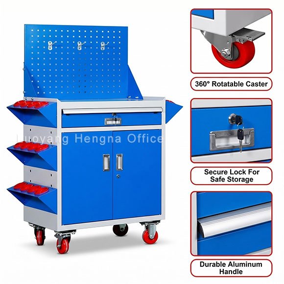 Mobile Tool Cabinet for Workshop Floor — Why Your Best Mechanic Loses 20 Minutes a Day 1 Mobile tool cabinet features: 360-degree swivel casters, secure lockable storage, and durable aluminum handle, blue powder coated steel with pegboard and side parts bins