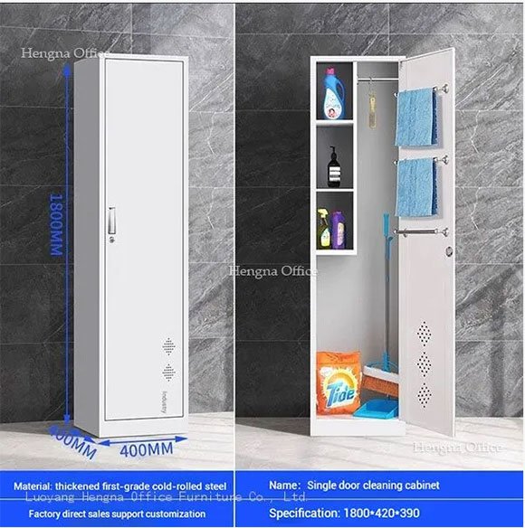 Stainless Steel vs Powder-Coated Janitor Cabinet — Which Lasts Longer in Hotel Housekeeping Rooms 1 Single-door powder-coated steel janitor cabinet, 1800mm tall, open view showing storage for cleaning supplies, mops, and detergent in a hotel housekeeping room.