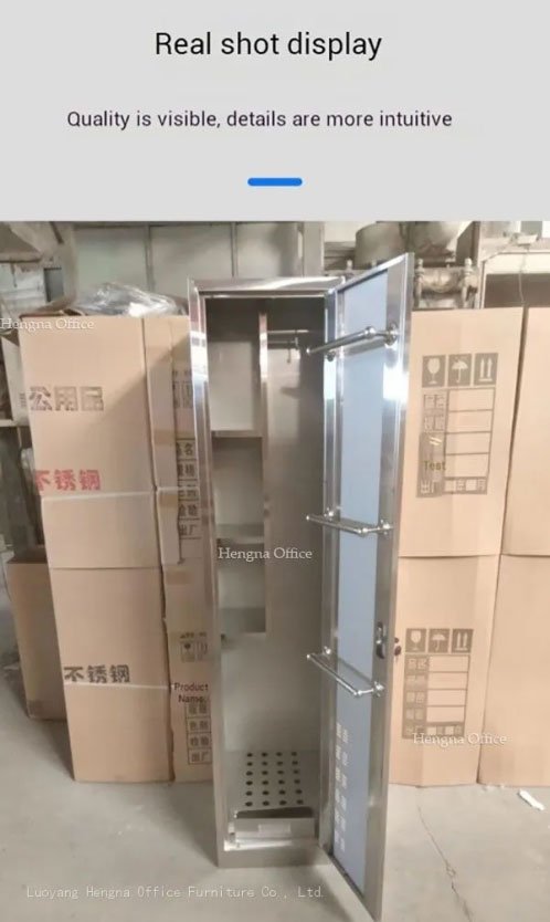 How to Stop Rust and Mold in Your Janitor Closet — A Buyer's Guide to Drainage Cleaning Cabinets 1 Single-door stainless steel janitor cabinet, factory real-shot showing open interior and ready-to-ship packaging. Commercial cleaning cabinet for hotel housekeeping storage.