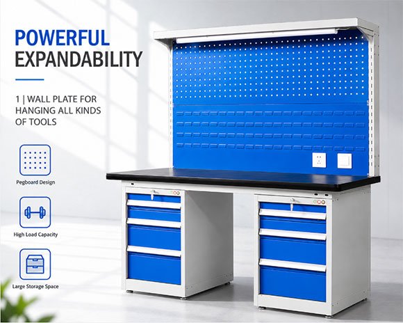 Industrial workbench showing pegboard back panel design with high-load drawers and expandable storage system