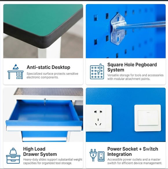 Workbench detail features including anti-static desktop surface, square hole pegboard system, heavy-duty drawer slides, and integrated power sockets