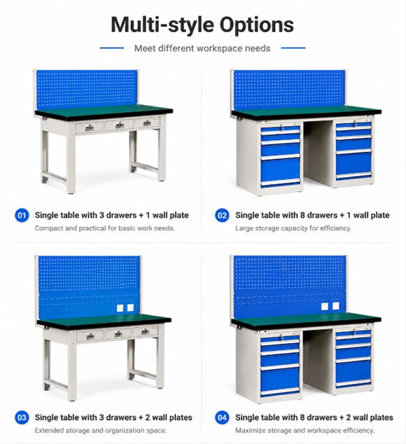 Four heavy-duty workbench configurations comparing drawer count and pegboard panel options for different workspace needs