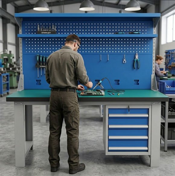 Worker using heavy-duty workbench in real workshop setting with tools organized on pegboard back panel and green work surface