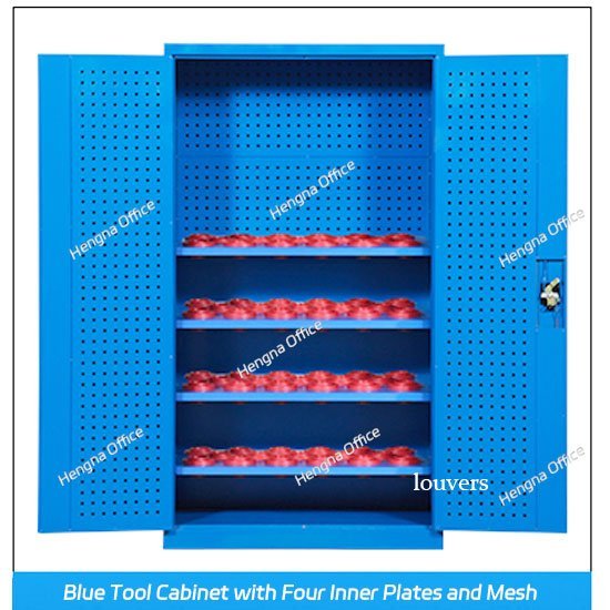 Blue tool cabinet with four shelves of red BT40 and BT50 tool holder trays