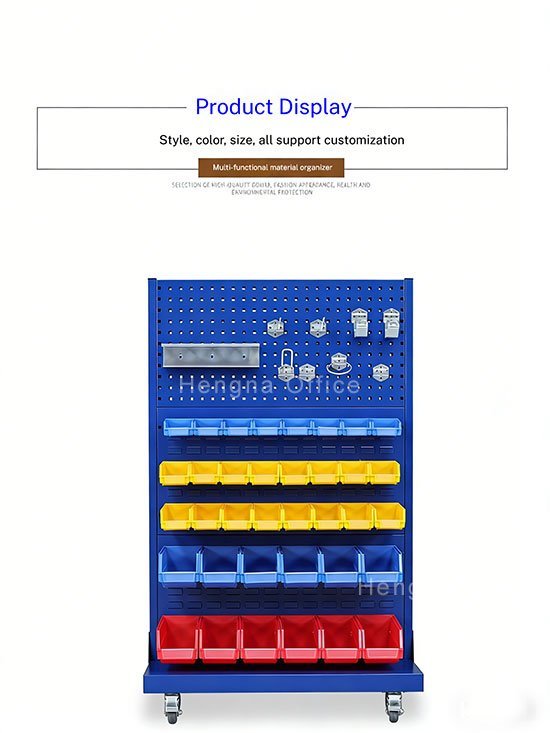 Double-sided blue material rack with square-hole pegboard holding hand tools on the upper panel and yellow, blue and red plastic bins clipped onto the slatted shelves below